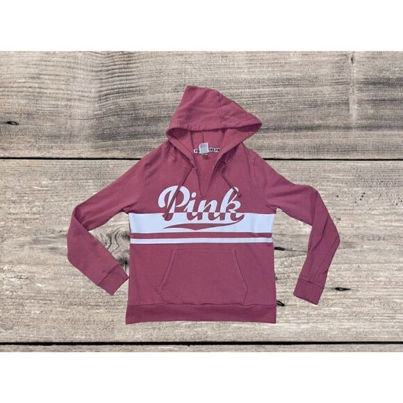 Victoria Secret Pink Women’s Spell Out V-Neck Pink Hoodie Size Medium - Picture 1 of 5